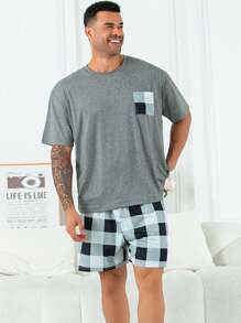 مجموعة بيجامة للرجال ذوي الحجم الكبير 2 قطعة ذات سروال قصير مربعات، وقميص بياقة مستديرة وأكمام قصيرة، بتصميم بسيط مناسب للربيع والصيف، متعدد الاستخدامات للراحة المنزلية والنوم