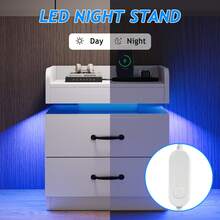 LED NightStand Set Of 2, Modern Night Stands With 2 Drawers, Bedside Tables And End Side Tables For Bedroom, Black/ White/ Grey - 白色 - 查看 5
