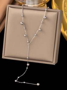 GarassJey 1pc Stainless Steel Round Ball With Long Tassel Pearl Necklace, Elegant Women Necklace