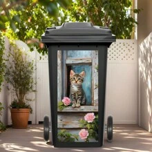 1 Stück Tabby Kätzchen & Rosa Rose Outdoor Mülleimer Aufkleber, herzerwärmende Tier Dekor Aufkleber, wasserfest Abfalleimer Kunst für Garten & Terrasse, UV-beständige Heim- und Gartendekoration, strapazierfähiger selbstklebender Vinyl-Aufkleber, ästhetischer Mülltonnen-Aufkleber, für Schulmaterial, Schulanfang