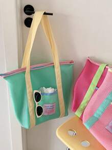 1 Pc Macaron Contrasting Color Summer Bbeach Bag, Mesh Large Capacity Tote Bag, Dopamine Clothing Storage Bag, Suitable For Beach, Swimming, Travel And Vacation Essentials, Portable Travel Bag, Foldable Multifunctional Storage Bag