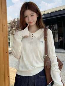 秋冬韩版宽松麻花针织彼得潘领纽扣长袖套头毛衣上衣 - 杏色 - 查看 4