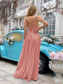 QOQ闪亮伴娘礼服，时尚女孩正式礼服，女士长款正式礼服，适合婚礼、正式活动、婚礼宾客、晚宴、订婚派对，褶皱高开衩无袖连衣裙 - 西柚橙 - 查看 3