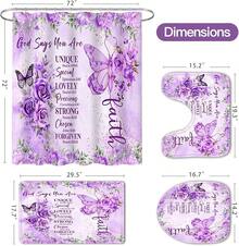 4 Pcs Yellow Inspirational Quotes Shower Curtain Set With Rugs And Toilet Lid Cover, Colorful Boho Waterproof Fabric Bathroom Set, Bible Verse Floral Bathroom Decor Set Accessories - 紫色 - 查看 4