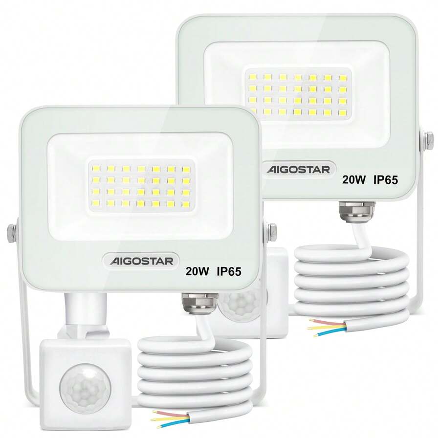 Aigostar 20W Foco LED Exterior con Sensor Movimiento PIR Blanco,2 piezas,1650LM Super Brillo Proyector LED Interior,IP65 Impermeable,Blanco Frío 6500K,Luz de  para Jardín,Patio,Garaje, etc - 20w-6500k - Ver 1