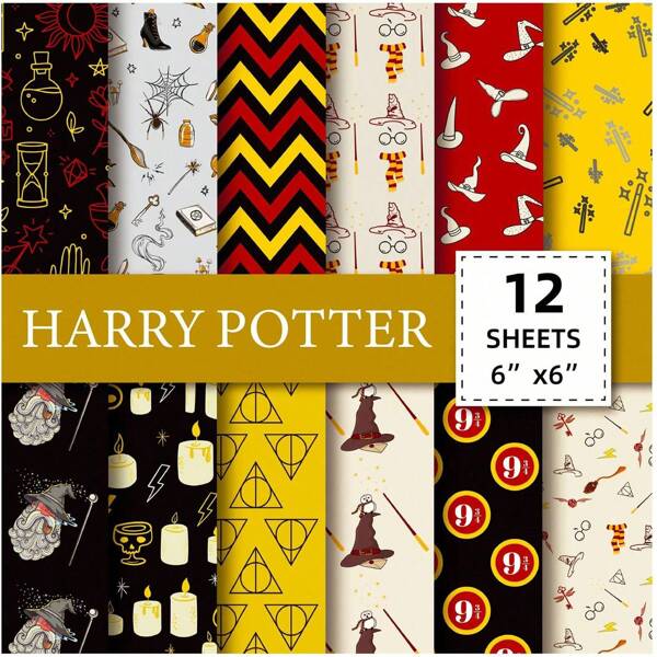Harry Potter 12 Hojas de papel estampado de Harry Potter para manualidades, de 6"x6" con dibujos de sombrero mágico, grafiti, vela, varita mágica para decoración de diarios, regalos, libretas, marcos y ventanas. Papel de scrapbooking lindo y misterioso para fans de Harry Potter, útiles escolares y de regreso a clases.