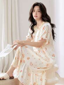 2 Sets For Women's Summer Wear, Thin, Short Sleeves, Manga Girl Crew Neck, Home Wear, Pajamas, Can Also Be Worn Going Out, 2-Piece Set - 米色 - 查看 3