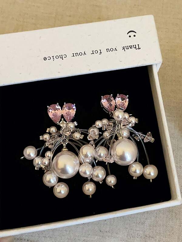 1pair Super Fairy High-End French Heart-Shaped Zirconia Fishing Line Pearl Tassel Earrings, Niche And Unique Design, Exquisite And Personalized Earrings, Fashionable And Versatile Earrings, Vacation Style Jewelry Earrings