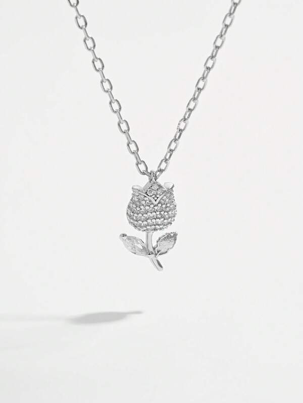 1 pieza Elegante y de Moda Colgante de Collar de Plata de Ley 925 con Diseño de Flor de Tulipán CZ, Adecuado para Uso Diario, Fiesta y Como Regalo para Realzar la Elegancia