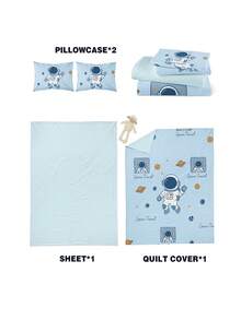 Astronaut Exploration Theme Duvet Cover Set, Cartoon Animal Hippo Bedding Set For Boy Girl Room Decor, 4pcs 1 Duvet Cover + 2 Pillowcases + 1 Flat Sheet, No Fill - D - View 7