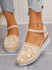 2026夏季新款女士米色亚麻网布镂空坡跟厚底防滑轻便PU鞋底包裹舒适亚麻内里时尚圆头可爱增高鞋 - 米新扣帶 - 查看 5