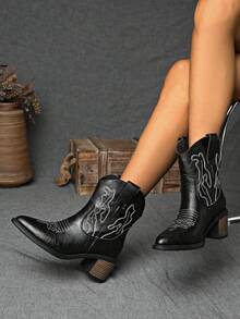Women's Classic Western Cowboy Boots, Vintage Embroidered Pattern, Comfortable Chunky Heel, Mid-Calf, Suitable For Autumn/Winter Casual & Daily Wear, Black Fashion Boots, Premium Leather Material, Western Style,Cowgirl Boots,Coachella - Black - View 7