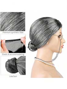 100 Days School Costume, Old Lady Cosplay White Hair Bun Wig, Glasses, Wig Cap, Pearl Necklace Props/Suitable For Party Dress-Up (Random Color, Style, And Accessories)