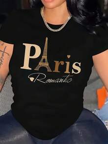 Women's  Round Neck Short - Sleeve T - Shirt, Pure Cotton, Breathable, Paris Romantic Eiffel Tower Graphic, Casual & Fashionable - 黑色 - 查看 1