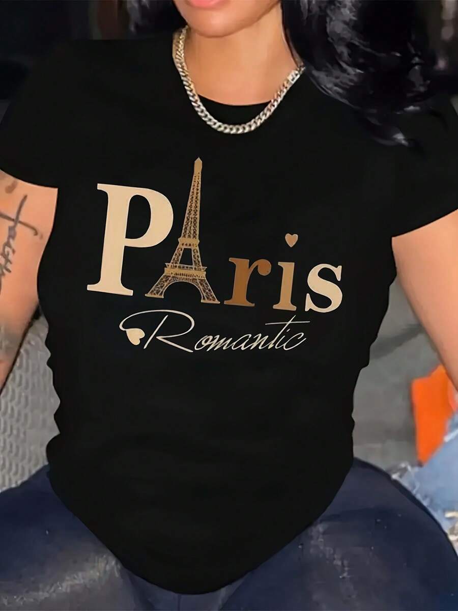 Women's Round Neck Short - Sleeve T - Shirt, Pure Cotton, Breathable, Paris Romantic Eiffel Tower Graphic, Casual & Fashionable - 黑色 - 查看 1
