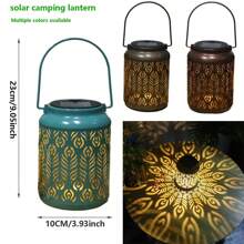 1pc Solar-Powered Outdoor Table Lamp Vintage Iron Lantern Multi-Colored Decorative Atmosphere Lantern For Camping/Yard/Lawn Decoration, Simple Garden Landscape Hollow Pattern Hanging Lamp, Green Energy With No Electricity Bill All Year Round, Automatic Light Control Switch, Energy Saving And -Friendly Outdoor Lighting Fixture Fall Decor House Decor Outdoor Decor