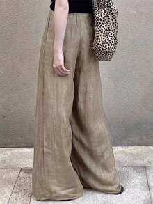 Women's Casual Loose Linen Wide-Leg Trousers - Khaki - View 6
