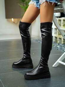 planare Giày bốt da cao đến đầu gối màu đen dành cho nữ, thiết kế đế dày tạo điểm nhấn cá tính, lý tưởng cho phong cách punk và biker, kiểu bốt thời trang. - màu đen - Xem 6