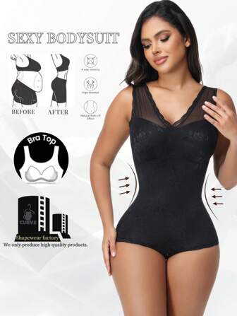 1 Pack Black Sexy Lace Shaping Bodysuits, Workout Yoga Base Layers, High Stretch Slimming Tummy Control Full Body Shaper With Built-In Cups, No Need To Wear Bra Gym Accessories