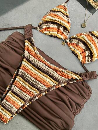 Bikinx Women's Summer Beach Wave Pattern Halter Neck Sexy Bikini Three-Piece Swimsuit Set With Cover-Up Skirt