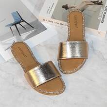 Women's Glitter Shiny Slide Sandals Sparkle Fancy Flat Slippers Slip-On Jeweled Shoes  BINGO-2 - ROSEGOLD - 查看 6