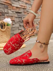 WRCVS 女士红色平底一脚蹬鞋，轻便防滑工作鞋，时尚派对鞋，波西米亚风格一脚蹬穆勒鞋，方头凉鞋，宴会鞋