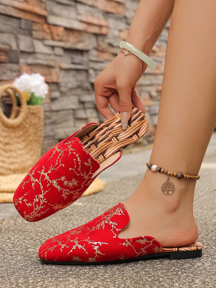 WRCVS 女士红色平底一脚蹬鞋，轻便防滑工作鞋，时尚派对鞋，波西米亚风格一脚蹬穆勒鞋，方头凉鞋，宴会鞋