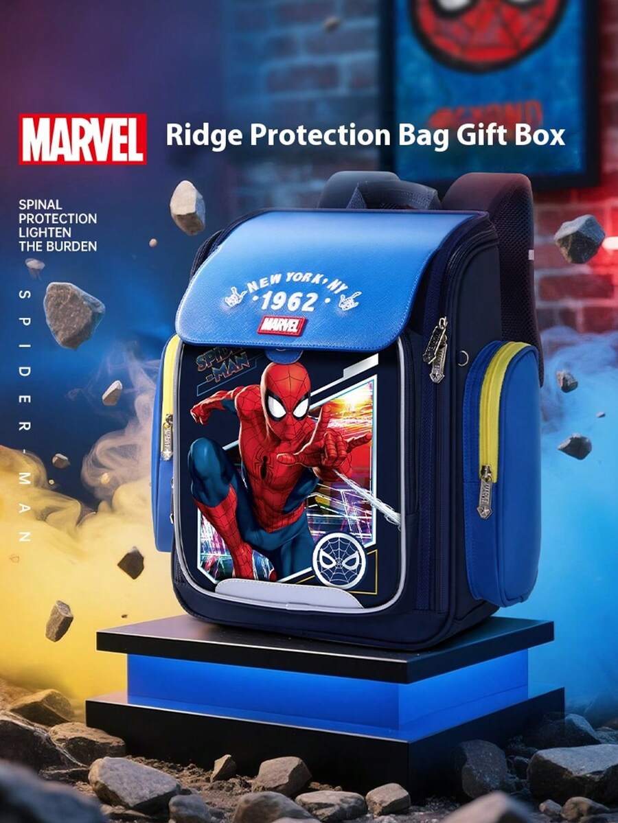 Mochila Disney Spider-Man para Estudiante de 1er Grado Mochila Marvel que Reduce el Peso y Protege la Columna Vertebral Fibra de Poliéster Azul Oscuro Temporada de Regreso a la Escuela - Pieza única - Ver 1