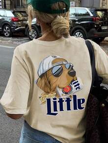 Women Summer New Stylish Striped Design Sunglasses Dog Graphic Print Casual Round Neck Short Sleeve T-Shirt, Fashionable & Versatile - Apricot - View 8