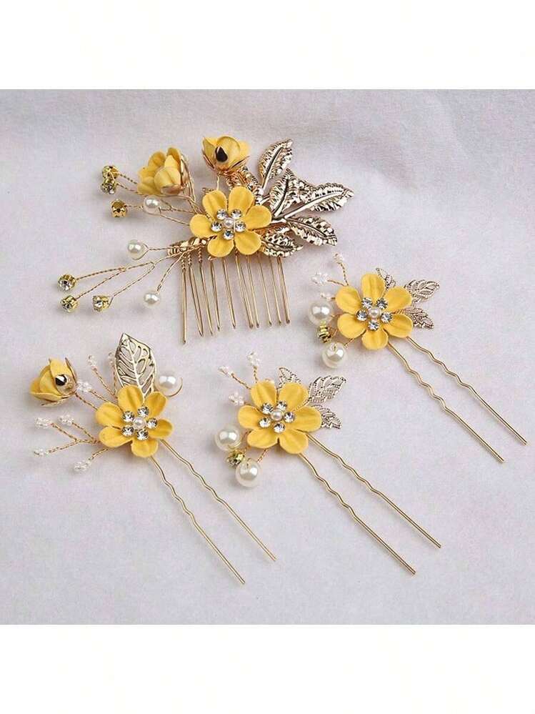 4pcs/Set Elegant Wedding Hair Accessories Set For Brides, Handmade Flower Design With Slight Position Variations - Royal Blue - View 5