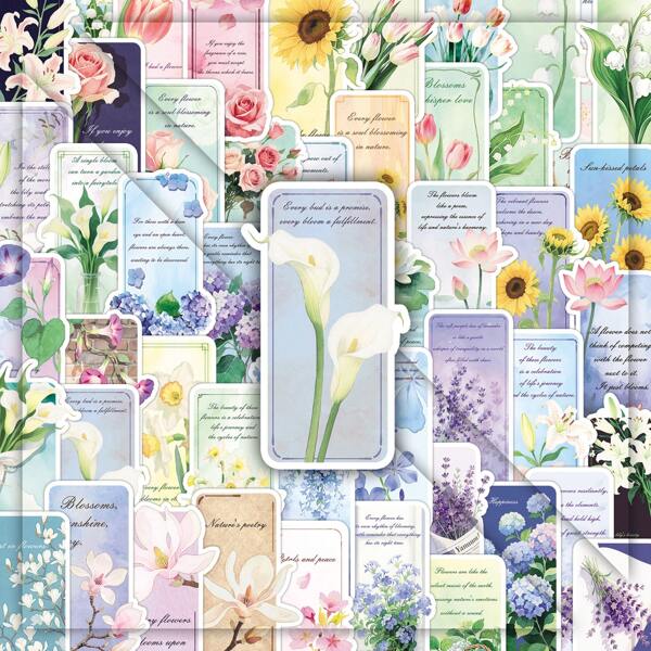 51pcs Floral Bookmark Stickers, Romantic Flower Decorative Adhesive Stickers For Vases, Mirrors, Glasses, DIY Crafts Room Decor Home Decor Wall Decor Wall Stickers Wall Sticker