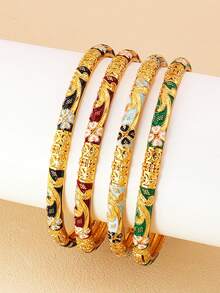 4 piezas Brazalete vintage de oro con cierre, pulsera con textura y gotas esmaltadas de colores en , el regalo perfecto para damas en días festivos y de diario - flor - Ver 2