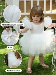 女婴白色蝴蝶袖欧根纱优雅公主裙，适合宝宝一周岁生日、婚礼、派对、节日庆典、特殊场合 - 白色 - 查看 3