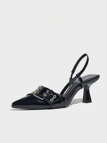 Women's Summer New Rivet Decorated Backstrap Pointed Toe Mule High Heel Sandals, Versatile And Stylish - Black - View 4