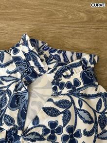 Whisplicity Women's Bohemian Style V-Neck Casual Vacation Floral Print Ruffle Hem Blouse, Spring/Summer - Blue - View 8