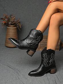Women's Classic Western Cowboy Boots, Vintage Embroidered Pattern, Comfortable Chunky Heel, Mid-Calf, Suitable For Autumn/Winter Casual & Daily Wear, Black Fashion Boots, Premium Leather Material, Western Style,Cowgirl Boots,Coachella - Black - View 6