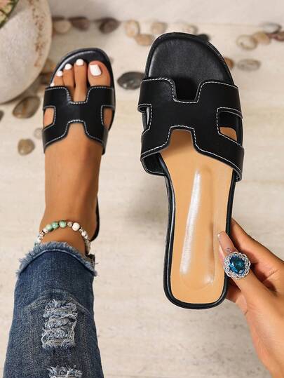 Women's Summer Flat Slippers, Square Toe H-Type Casual Flat Slip-On Sandals For Everyday Indoor/Outdoor Wear