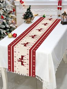 1件圣诞桌旗，驯鹿雪花图案，涤纶材质，非常适合圣诞装饰、圣诞派对装饰、房间装饰、餐桌装饰、家居装饰、厨房装饰、圣诞饰品。