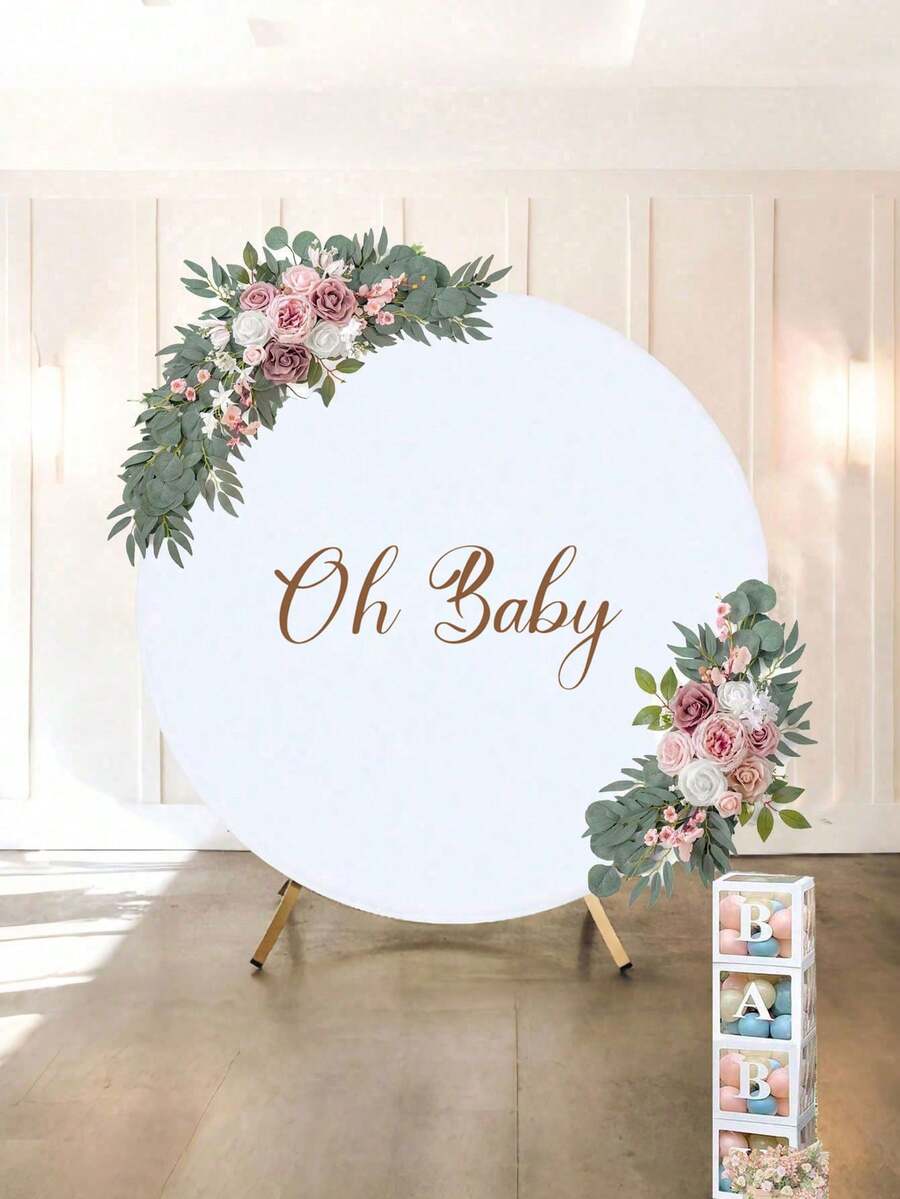 5.9 英尺（约 1.8 米）圆形拱门，白色圆形背景罩，Oh Baby 金色贴花，配套婚礼拱门花 - 可调节聚酯拱门背景罩，适用于婚礼拱门，婴儿洗礼生日派对摄影装饰，适用于男孩和女孩派对装饰