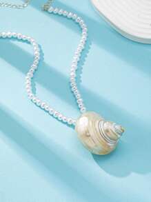 1 Stück Sommer Boho Stil Faux Perlen Muschel Halskette, Muschel Meer Conch Anhänger Halskette, Damen Mode Bohemien Schmuck geeignet für den täglichen Gebrauch, Urlaub, Strandparty