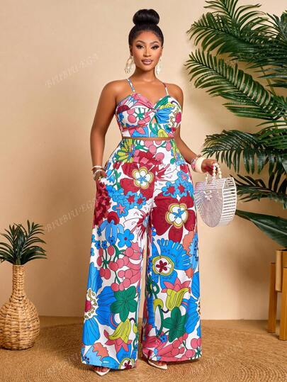 Sexy Elegant Plus Size Tank Top And Wide Leg Pants Printed Set, Random Floral Pattern