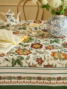 1pc Yellow Floral Jacquard Tablecloth With Green Trim, Suitable For Kitchen, Dinning Table, TV Stand, Holidays, Birthday Parties, Dinner Events, Home Decor, Photoshoot Background - Multicolor - View 9