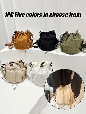 Casual Nylon Waterproof Solid Color Bucket Bag, Handbag And Shoulder Bag,Large Capacity And Multifunctional Drawstring Bucket Bag,With Side Pockets,Ladies' Daily Crossbody Bag,Suitable For Women,Lover,For School Travel,Work & Office,Weekend And Holiday,School,Hiking, Camping,Travel Holiday Essentials