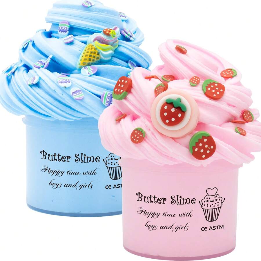 70ml Scented Butter Slime With Strawberry And Ice Cream Charms - Fluffy Slime In Blue And Pink For Kids, Ideal Party Favor With Fun Slime Accessories For Boys Girls