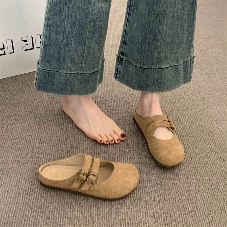 La francesa retro Baotou half pantuflas mujeres usan nuevos zapatos de primavera y verano para pedalear zapatos individuales perezosos birkenmarizhen, Bailarinas de mujer - Camel - Ver 1