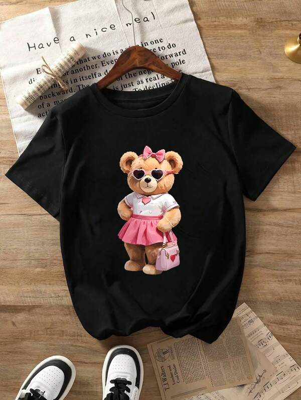 Cute Pink Skirt, Bow, Bear & Sunglasses-Wearing Print Tween Girls T-Shirt Adorable Graphic Tee | Sweet Teddy Bear In Skirt With Bow Design Short Sleeve Top, Charming Casual Shirt For Big Girls