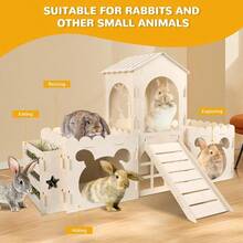 Large Rabbit Hideout Bunny Castle Wooden Bunny House Hay Feeder Detachable Rabbit Hideaway Indoor Rabbit Castle With Ramp Small Animal Houses Habitats - Wooden - 查看 6