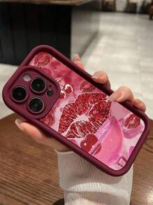 1 pieza Funda de teléfono resistente a los golpes, antihuellas, de cobertura total con diseño de labios rojos y cerezas del cóctel, compatible con iPhone 11, 13, 12, 14, 15, 12 Pro, 12 Pro Max, 13 Pro, 13 Pro Max, 14 Pro, 14 Pro Max, 15 Pro, 15 Pro Max y otros modelos