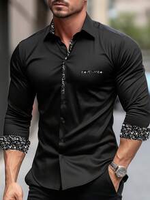 Men's Loose Floral Patchwork Black Shirt, Versatile For Work, Business, Casual Daily Wear, Elegant Long Sleeve Shirt For Men - Black - View 1