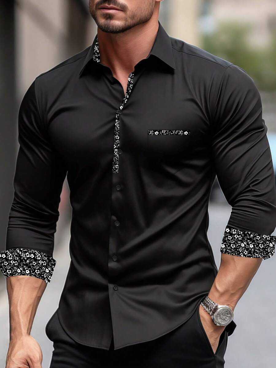 Men's Loose Floral Patchwork Black Shirt, Versatile For Work, Business, Casual Daily Wear, Elegant Long Sleeve Shirt For Men - Black - View 1